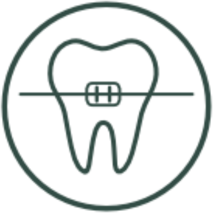 Tooth with braces bracket and wire icon inside a circle