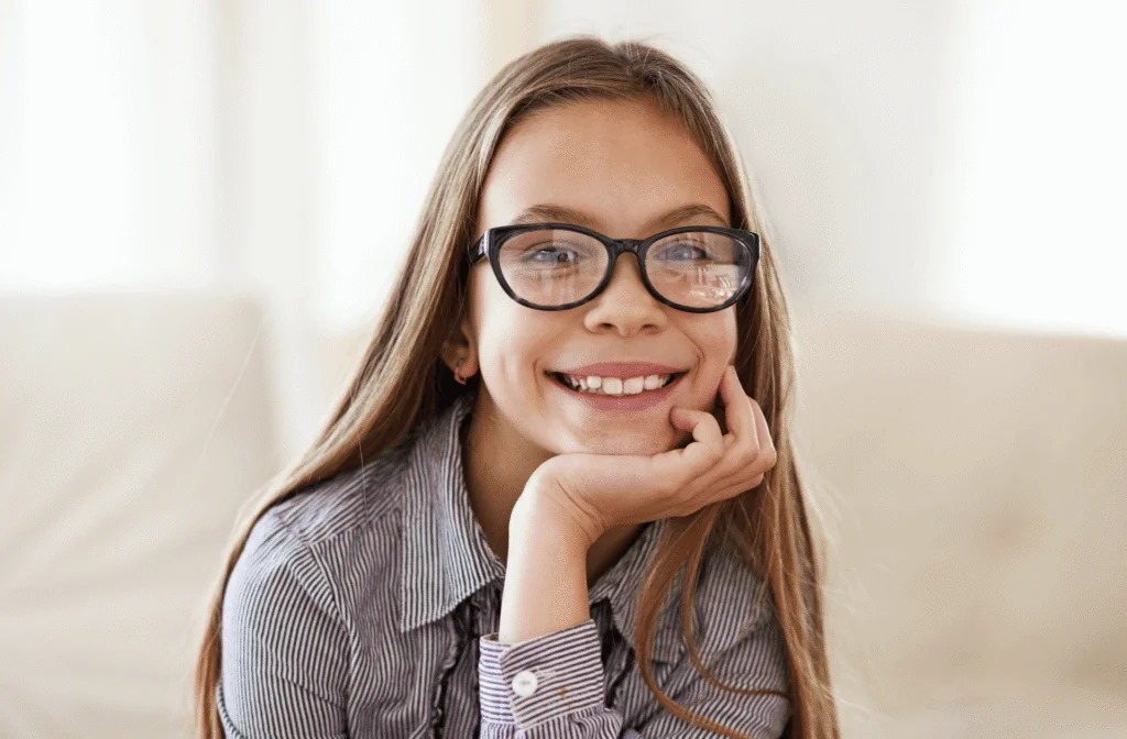 Smiling young girl with long hair and black-framed glasses resting her chin on her hand
